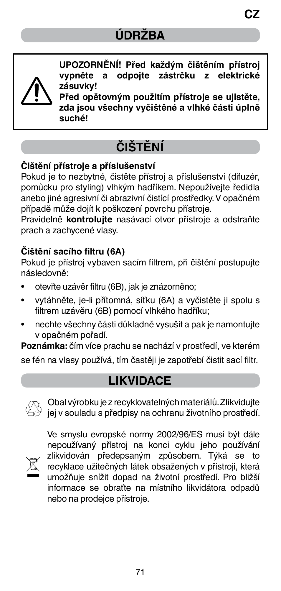 Cz údržba, Čištění, Likvidace | Imetec BELLISSIMA PC5 2500 User Manual | Page 73 / 84