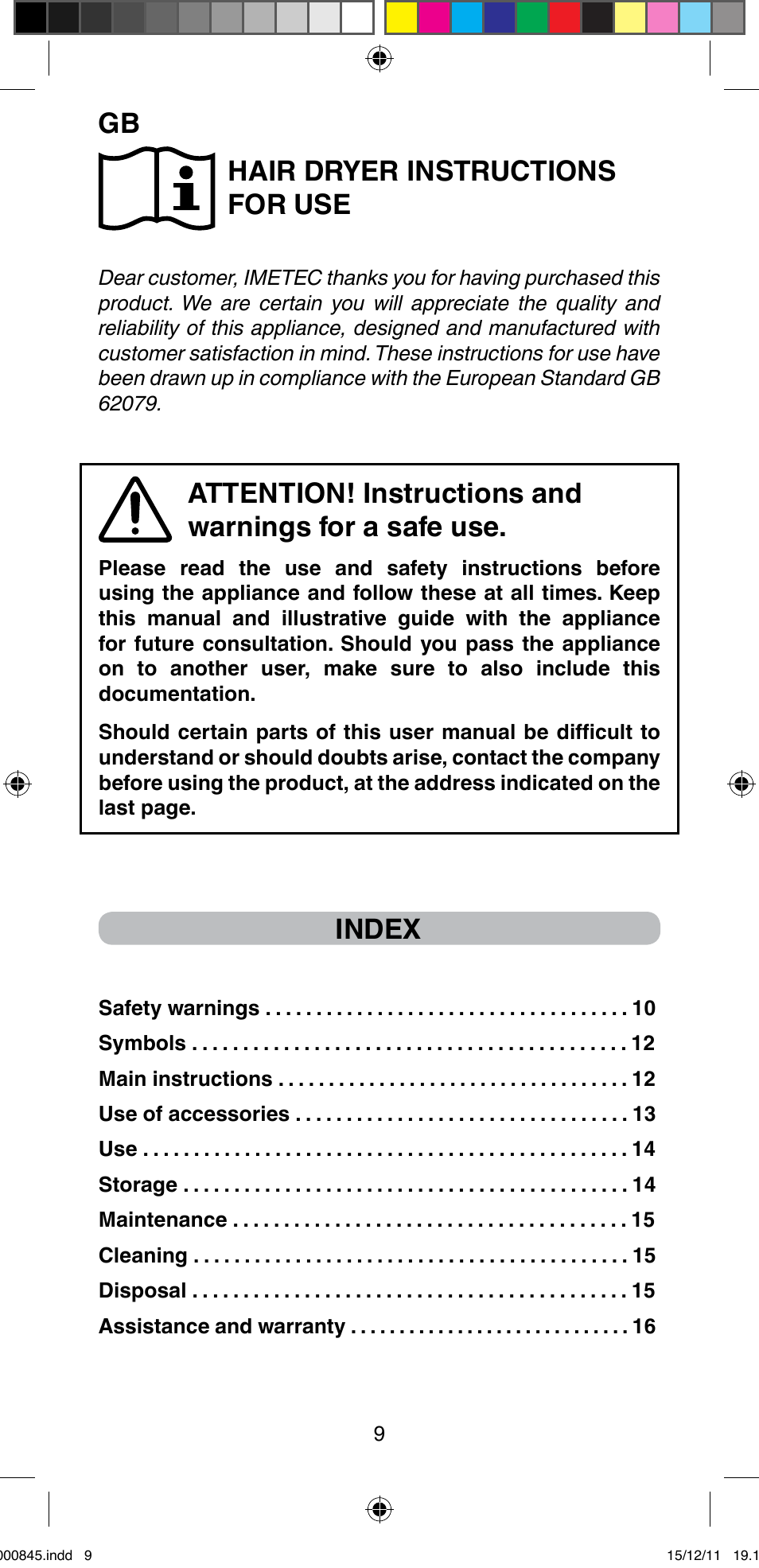 Hair dryer instructions for use, Index | Imetec BELLISSIMA PROFESSIONAL P1 2500 User Manual | Page 12 / 76