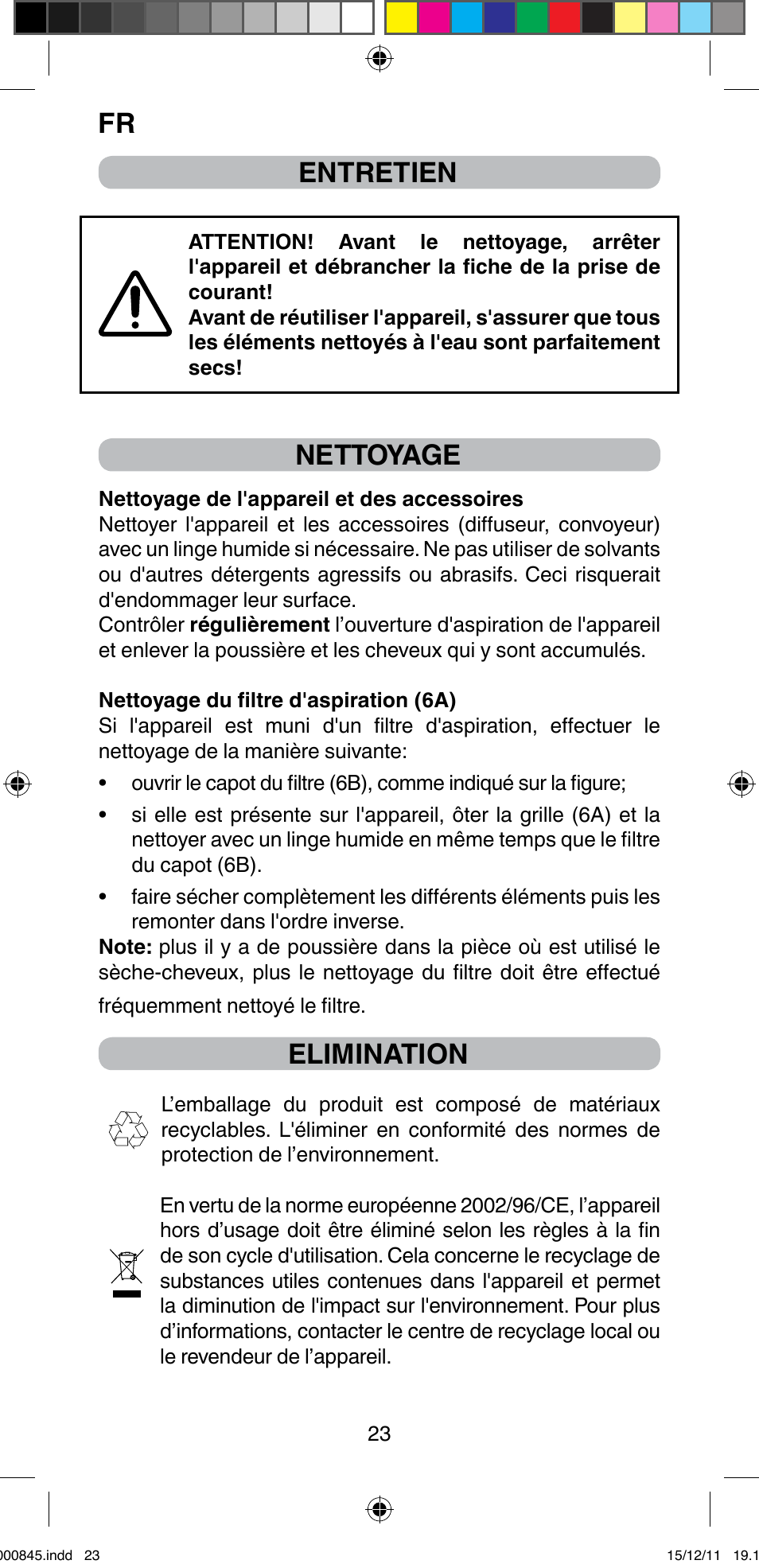 Fr entretien, Nettoyage, Elimination | Imetec BELLISSIMA PROFESSIONAL P1 2500 User Manual | Page 26 / 76