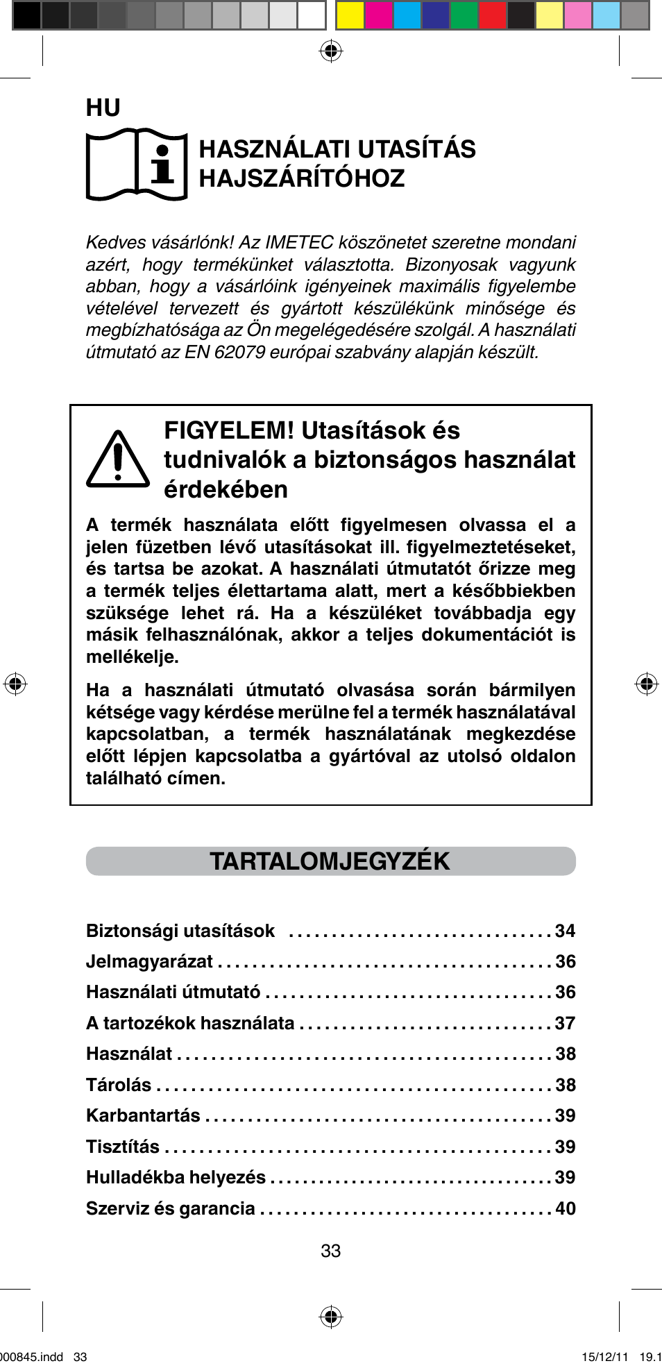 Használati utasítás hajszárítóhoz, Tartalomjegyzék | Imetec BELLISSIMA PROFESSIONAL P1 2500 User Manual | Page 36 / 76