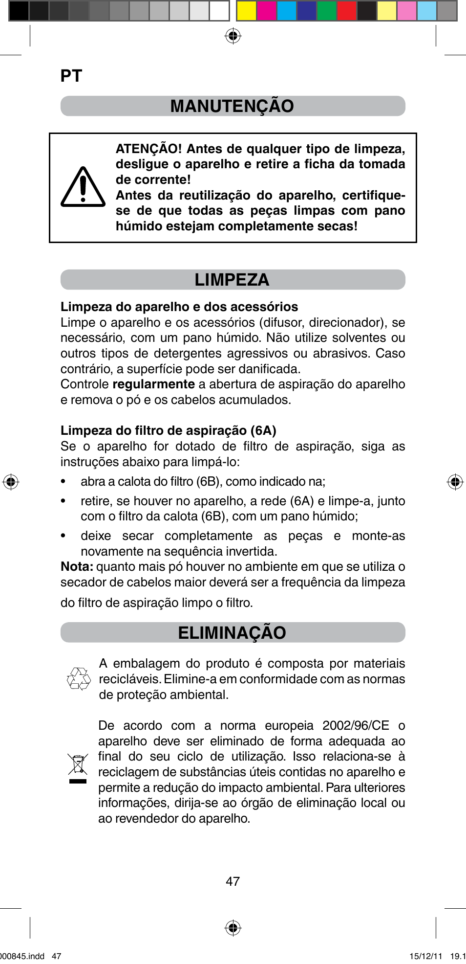 Pt manutenção, Limpeza, Eliminação | Imetec BELLISSIMA PROFESSIONAL P1 2500 User Manual | Page 50 / 76