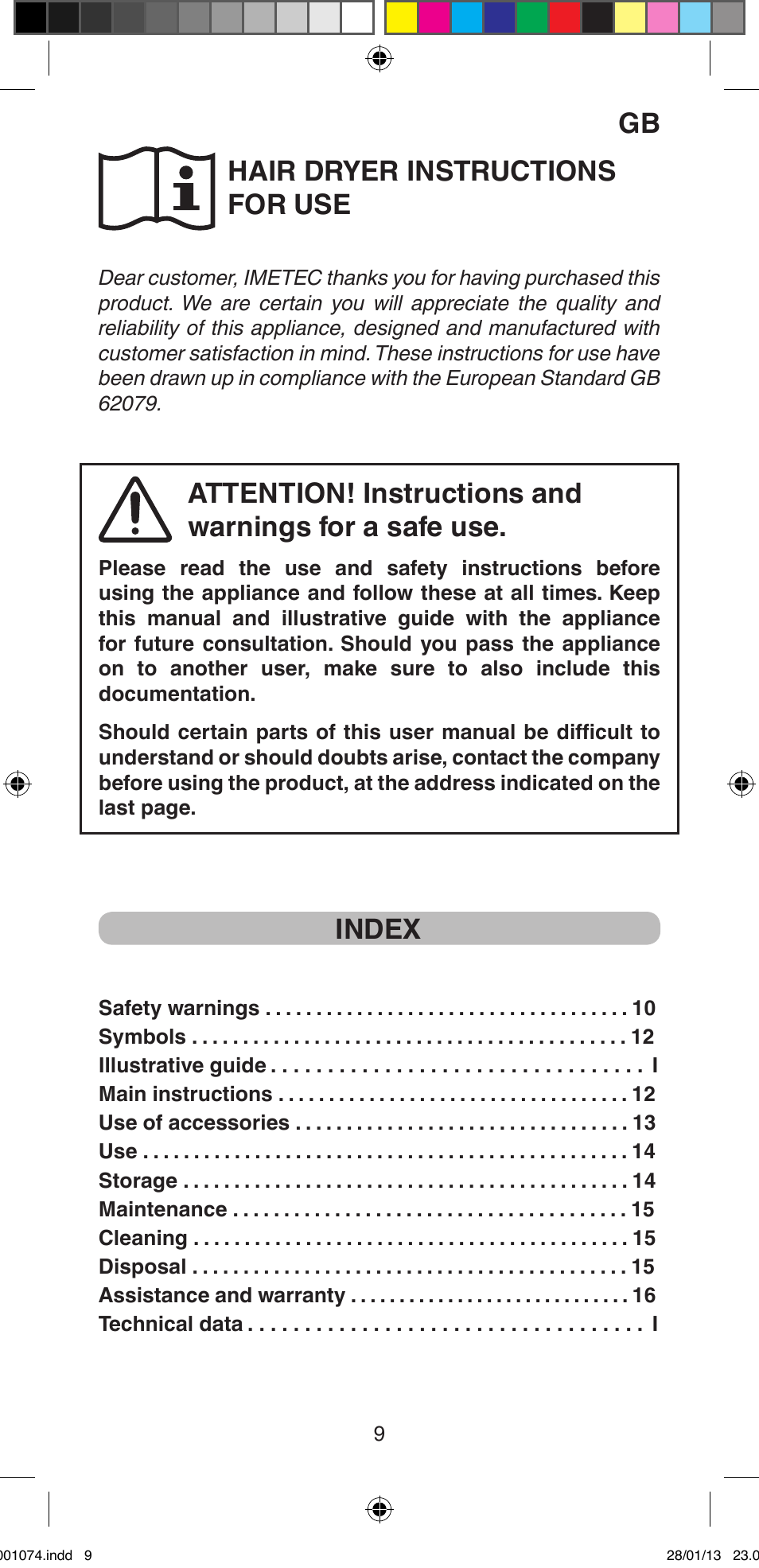 Hair dryer instructions for use, Index | Imetec BELLISSIMA K5 2000 User Manual | Page 11 / 84