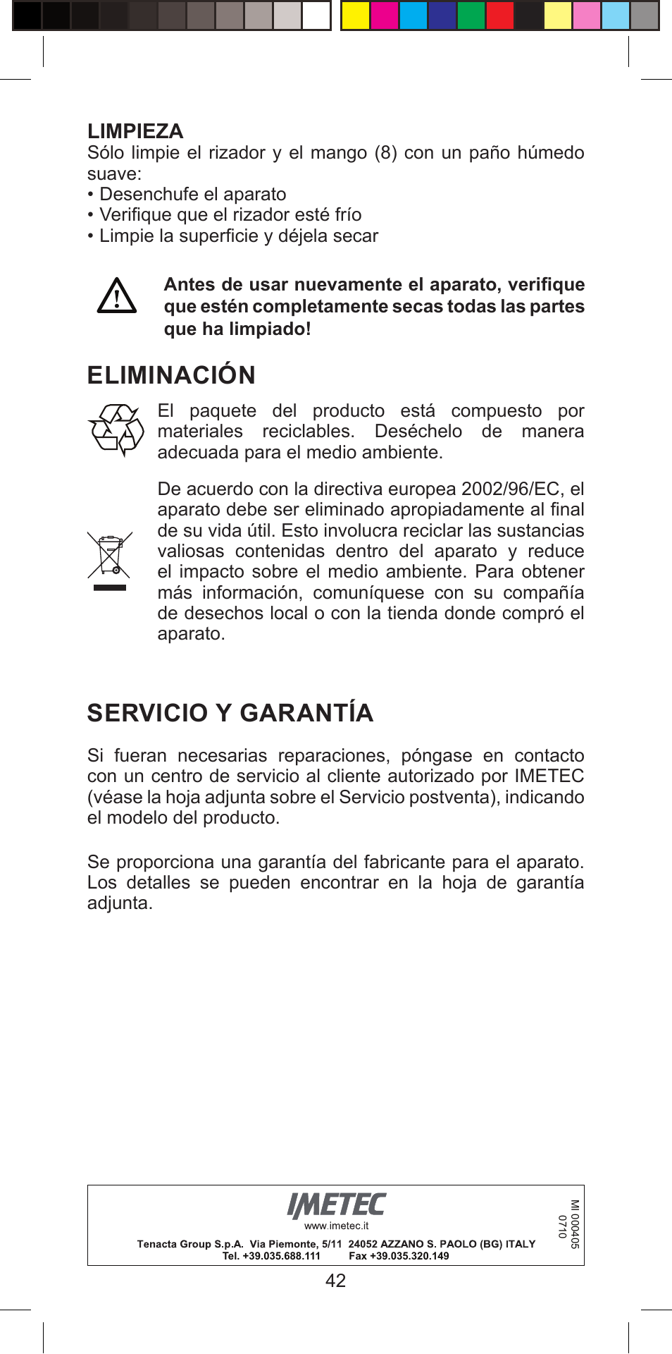 Eliminación, Servicio y garantía, Limpieza | Imetec BELLISSIMA PROFESSIONAL G10 900 User Manual | Page 45 / 57