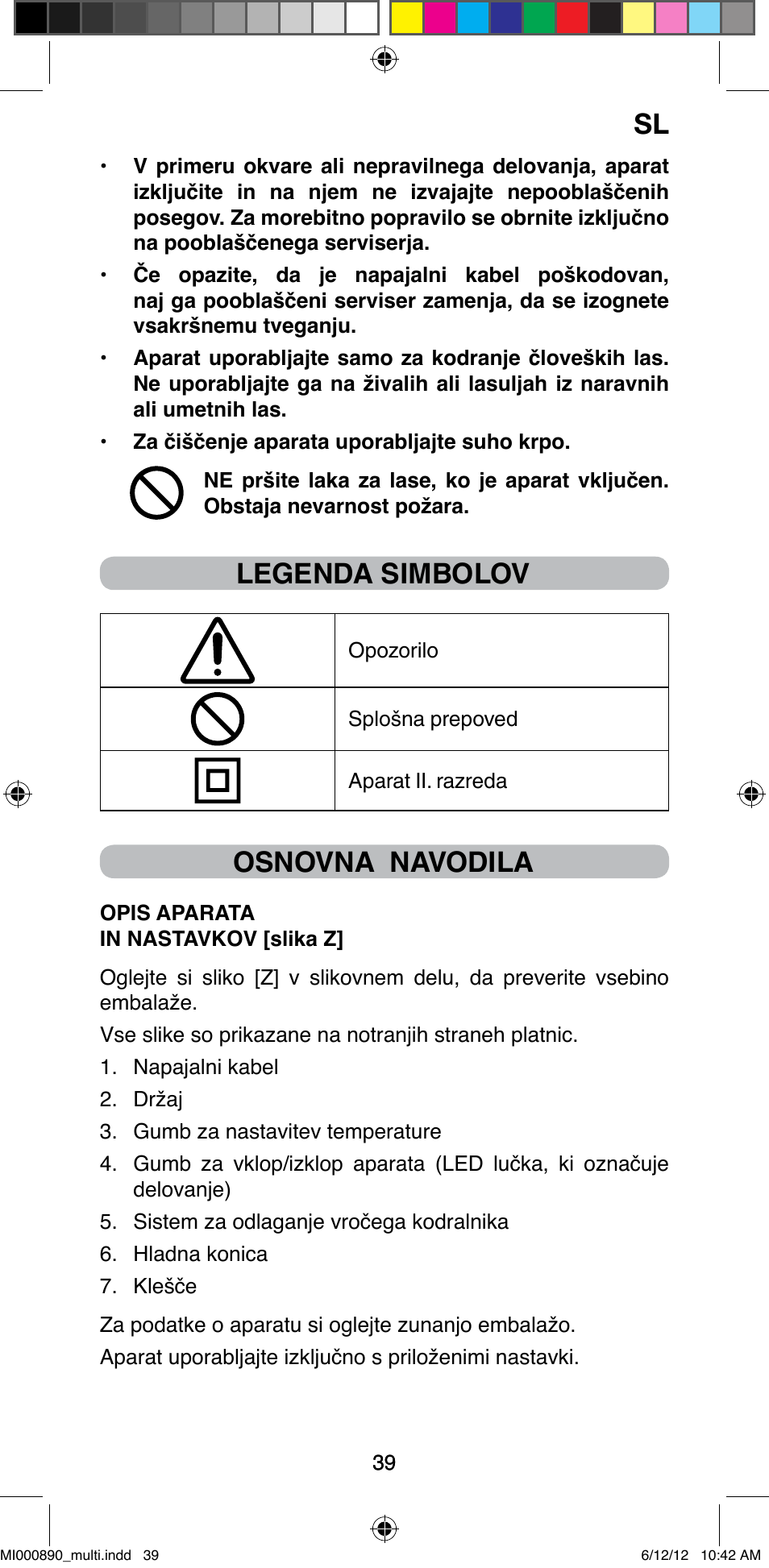 Legenda simbolov, Osnovna navodila | Imetec BELLISSIMA G13 50 User Manual | Page 41 / 65