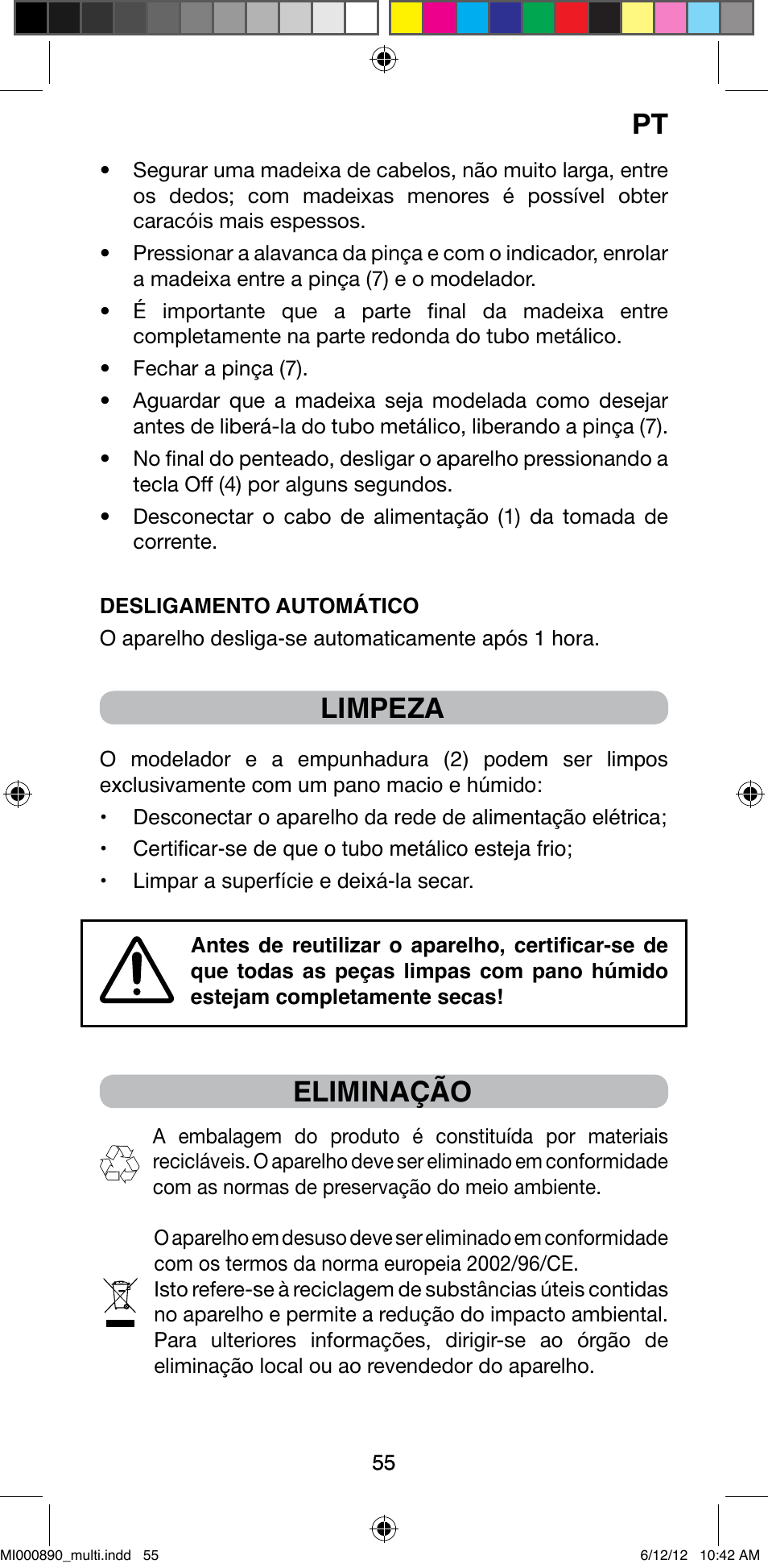 Limpeza, Eliminação | Imetec BELLISSIMA G13 50 User Manual | Page 57 / 65