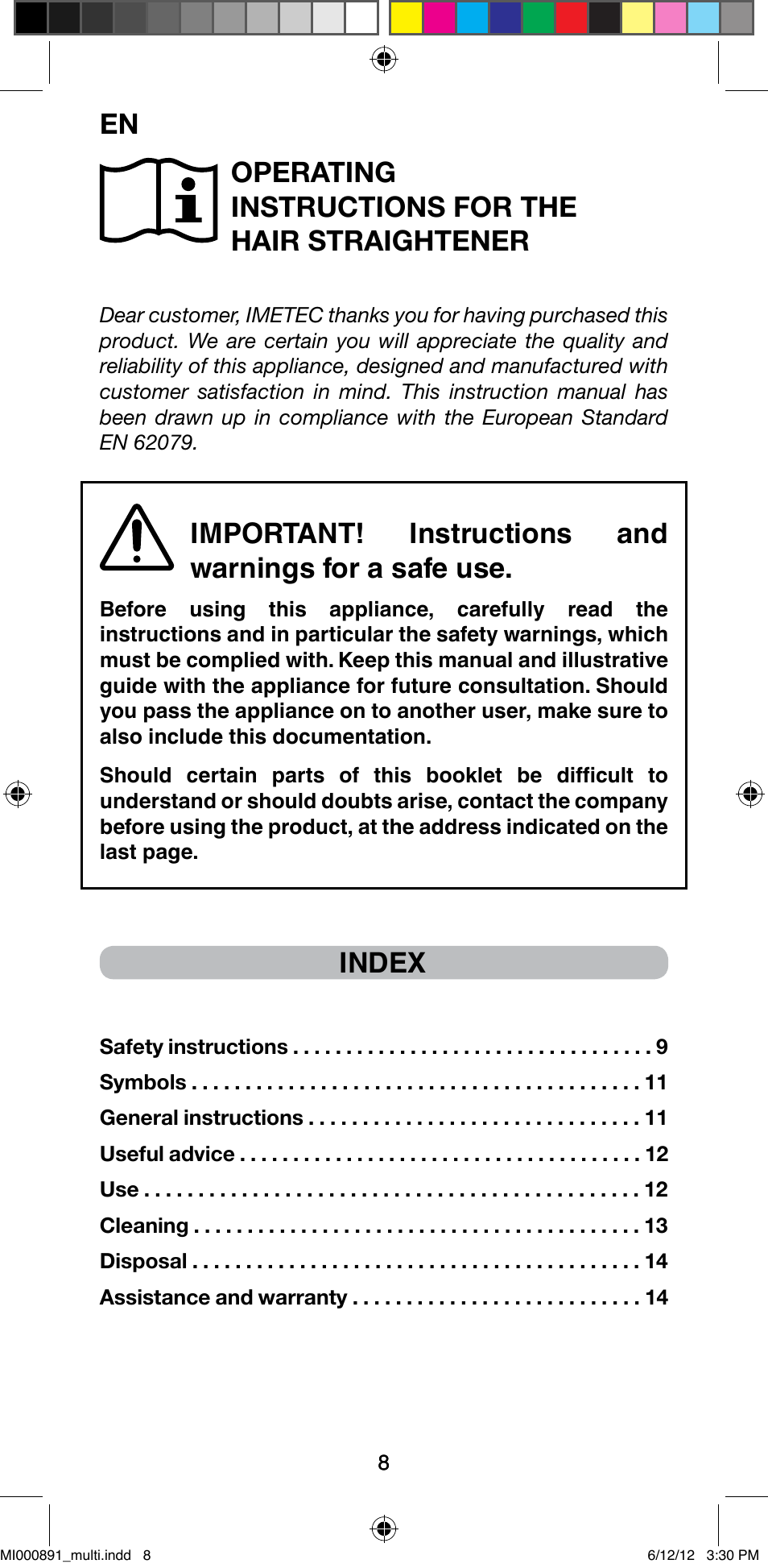 Operating instructions for the hair straightener, Index | Imetec BELLISSIMA B 100 User Manual | Page 10 / 65