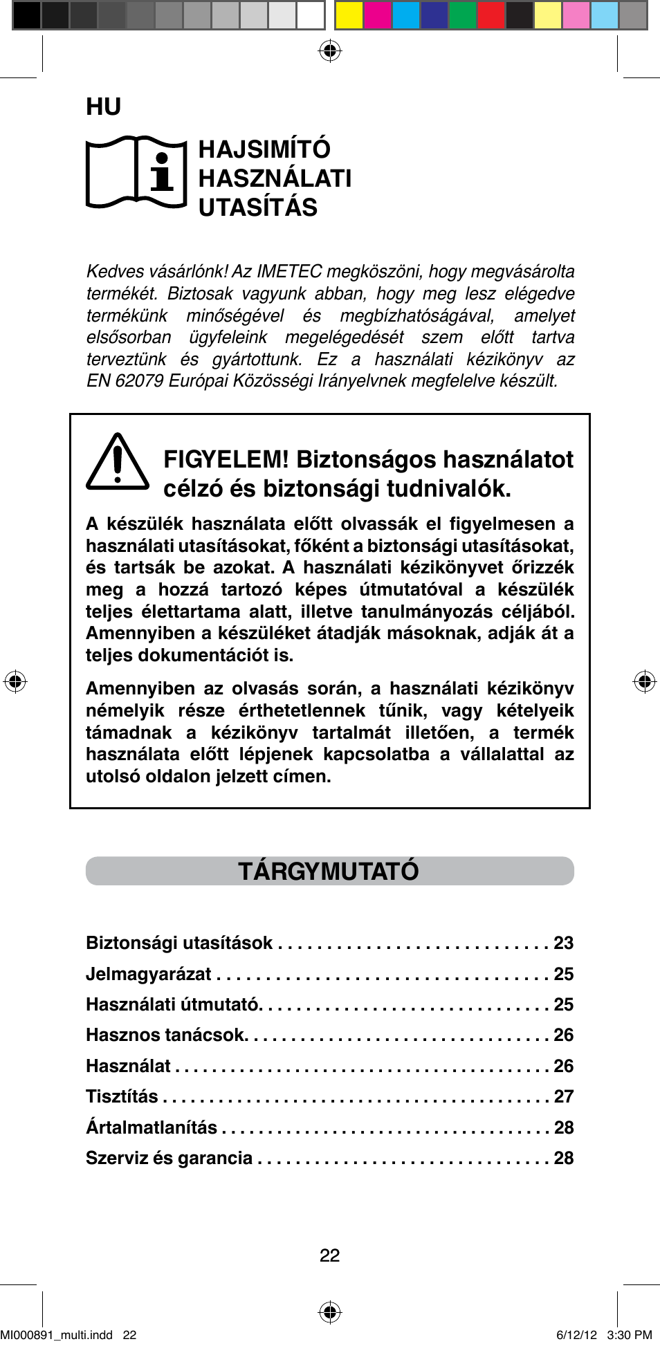 Hajsimító használati utasítás, Tárgymutató | Imetec BELLISSIMA B 100 User Manual | Page 24 / 65