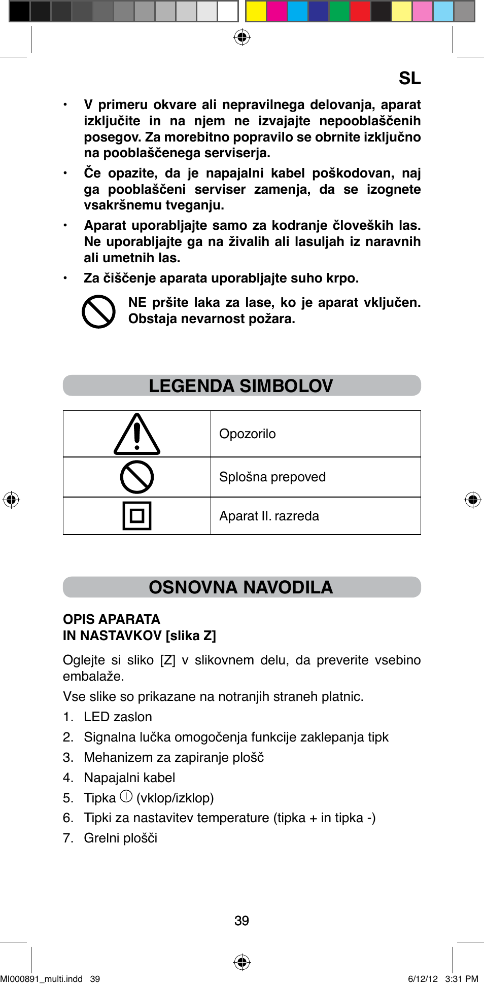 Legenda simbolov, Osnovna navodila | Imetec BELLISSIMA B 100 User Manual | Page 41 / 65