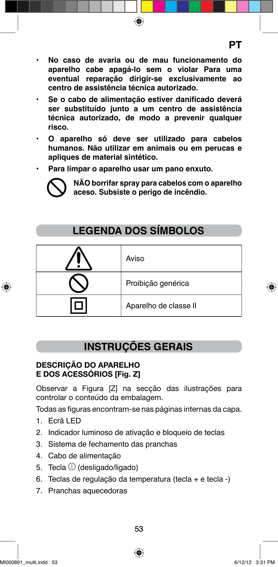 Legenda dos símbolos, Instruções gerais | Imetec BELLISSIMA B 100 User Manual | Page 55 / 65