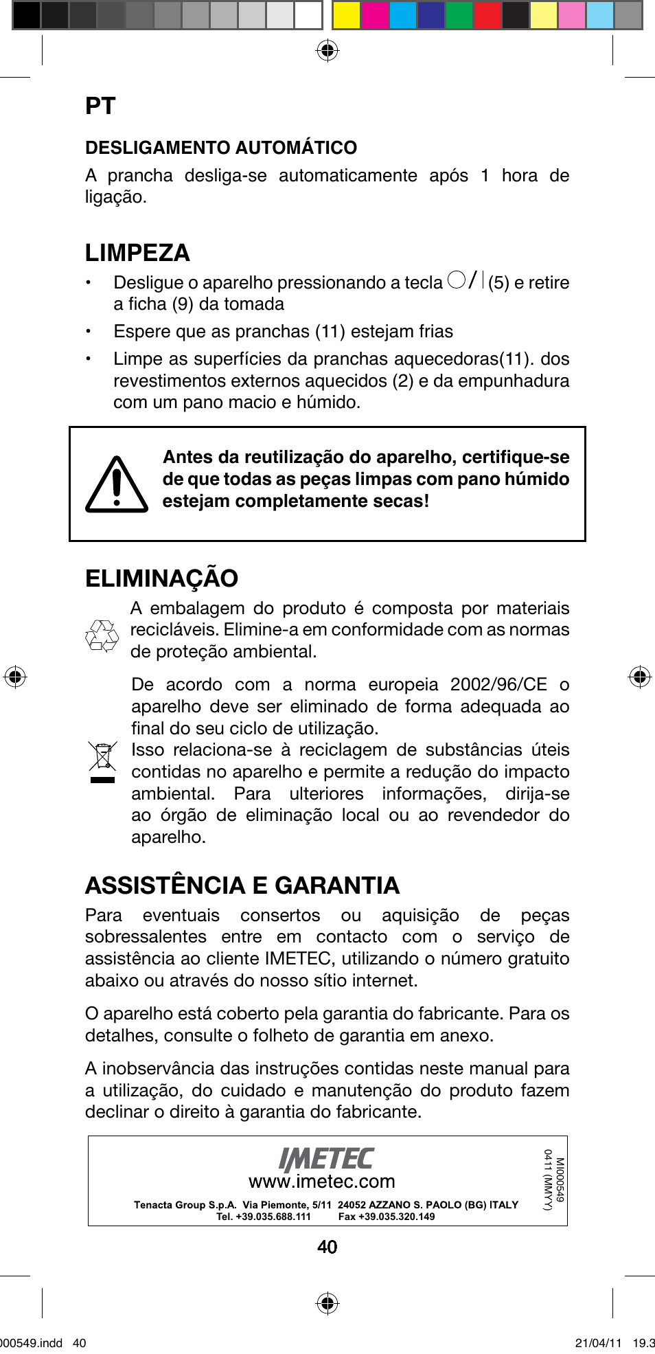 Limpeza, Eliminação, Assistência e garantia | Imetec BELLISSIMA CREATIVITY STYLE CREATOR B7 500 User Manual | Page 42 / 66