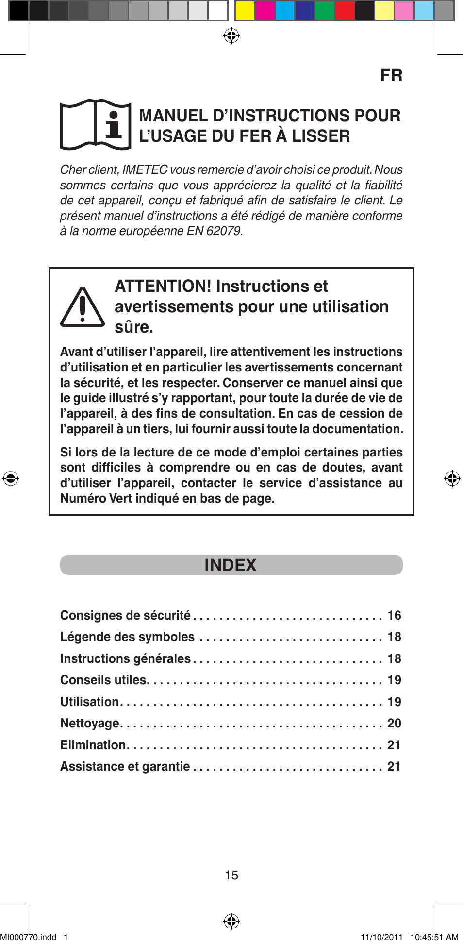 Manuel d’instructions pour l’usage du fer à lisser, Index | Imetec BELLISSIMA B15 50 User Manual | Page 17 / 66