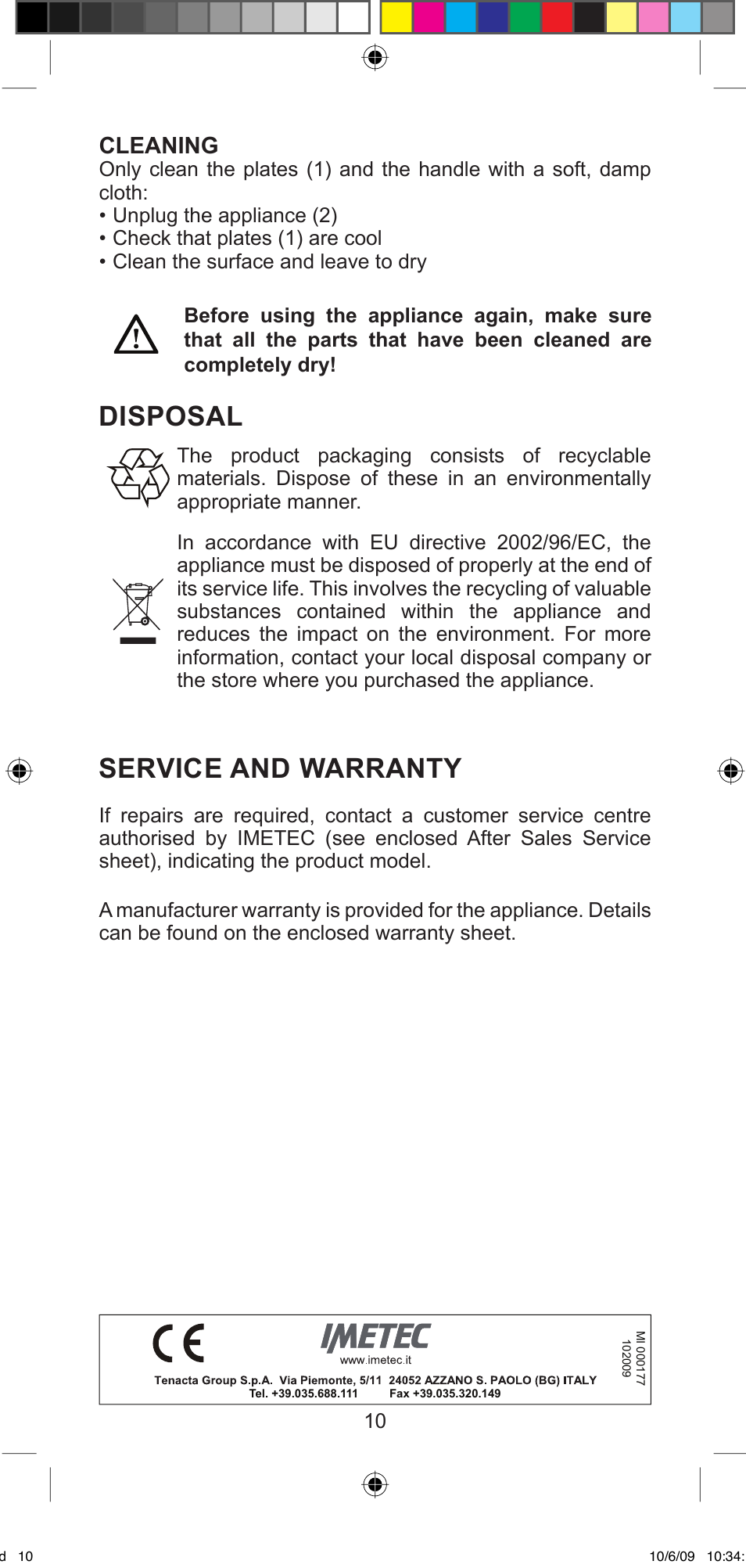 Disposal, Service and warranty, Cleaning | Imetec BELLISSIMA MINI MF 200 User Manual | Page 12 / 47