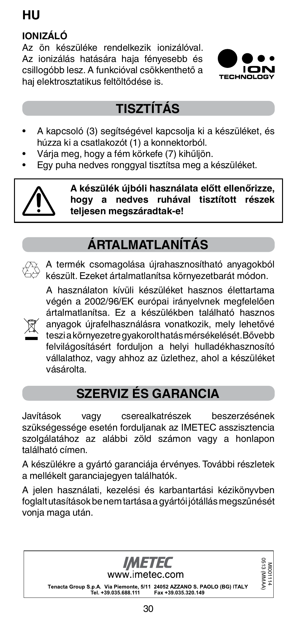 Tisztítás, Ártalmatlanítás, Szerviz és garancia | Imetec BELLISSIMA MAGIC STYLE PB4 38 User Manual | Page 32 / 62