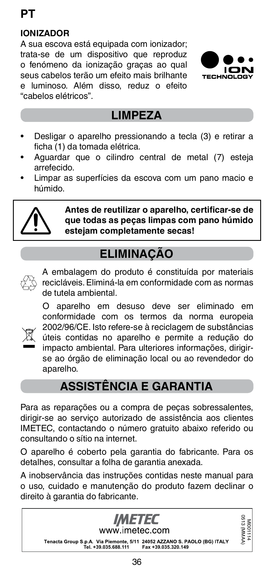 Limpeza, Eliminação, Assistência e garantia | Imetec BELLISSIMA MAGIC STYLE PB4 38 User Manual | Page 38 / 62