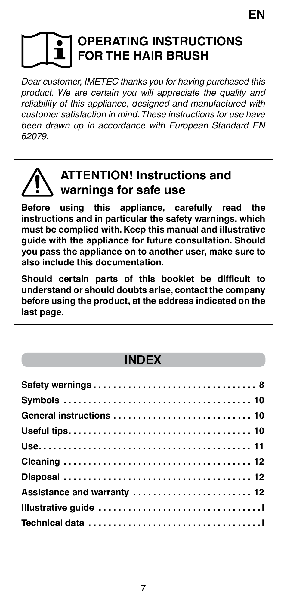 Operating instructions for the hair brush, Attention! instructions and warnings for safe use, Index | Imetec BELLISSIMA MAGIC STYLE PB4 38 User Manual | Page 9 / 62
