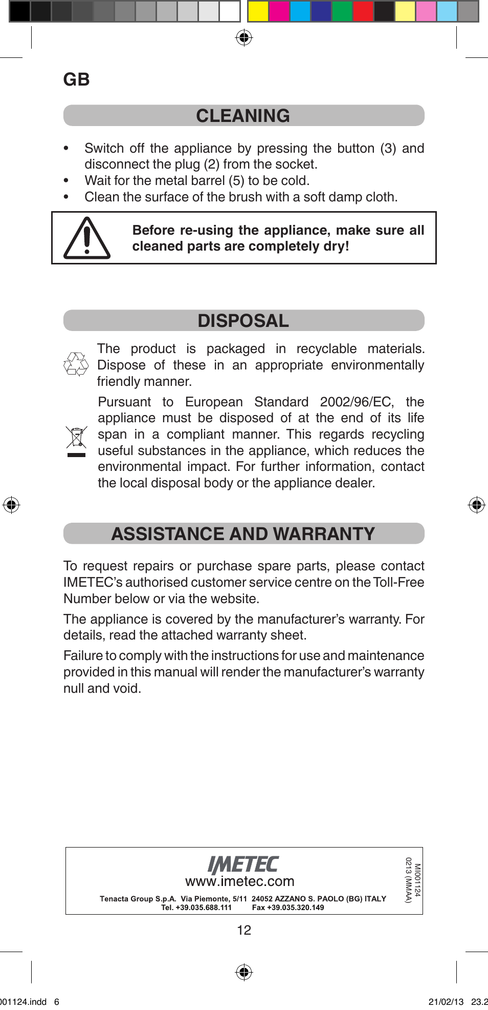 Cleaning, Disposal, Assistance and warranty | Imetec BELLISSIMA MAGIC STYLE PB1 25 User Manual | Page 14 / 56