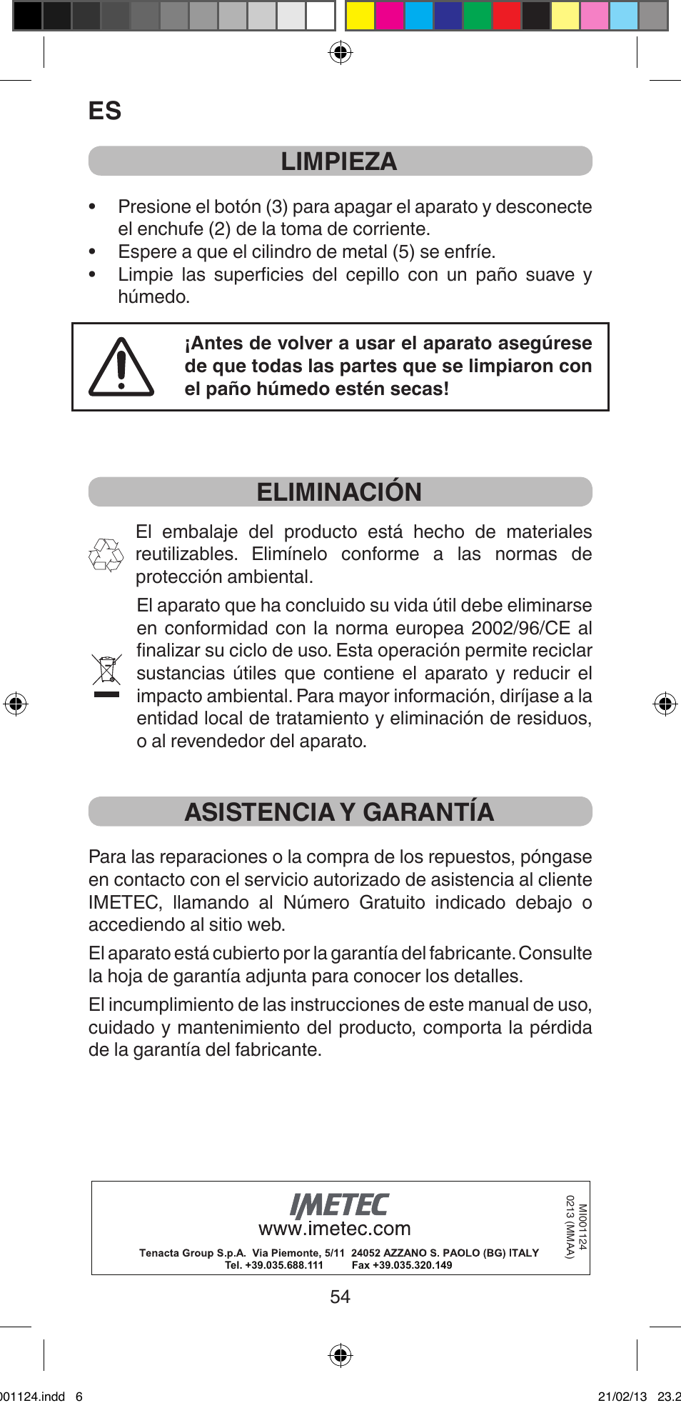 Limpieza, Eliminación, Asistencia y garantía | Imetec BELLISSIMA MAGIC STYLE PB1 25 User Manual | Page 56 / 56