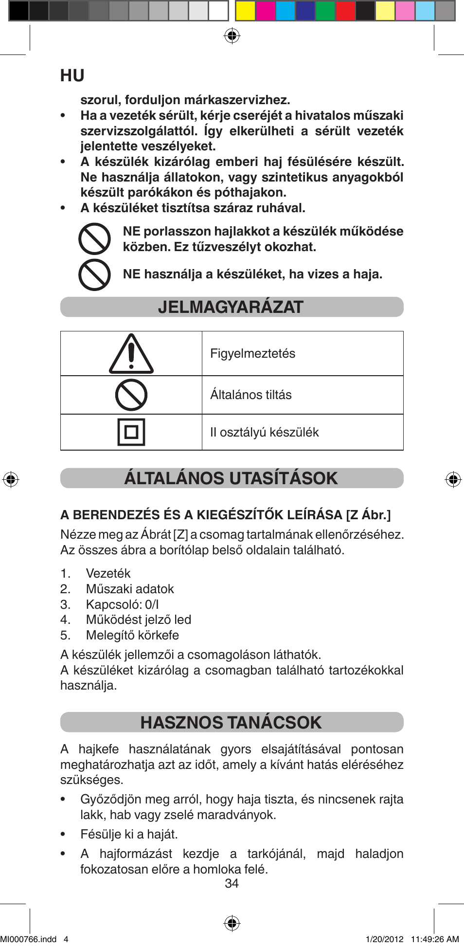 Jelmagyarázat, Általános utasítások, Hasznos tanácsok | Imetec BELLISSIMA MAGIC STYLE PB1 30 User Manual | Page 36 / 50