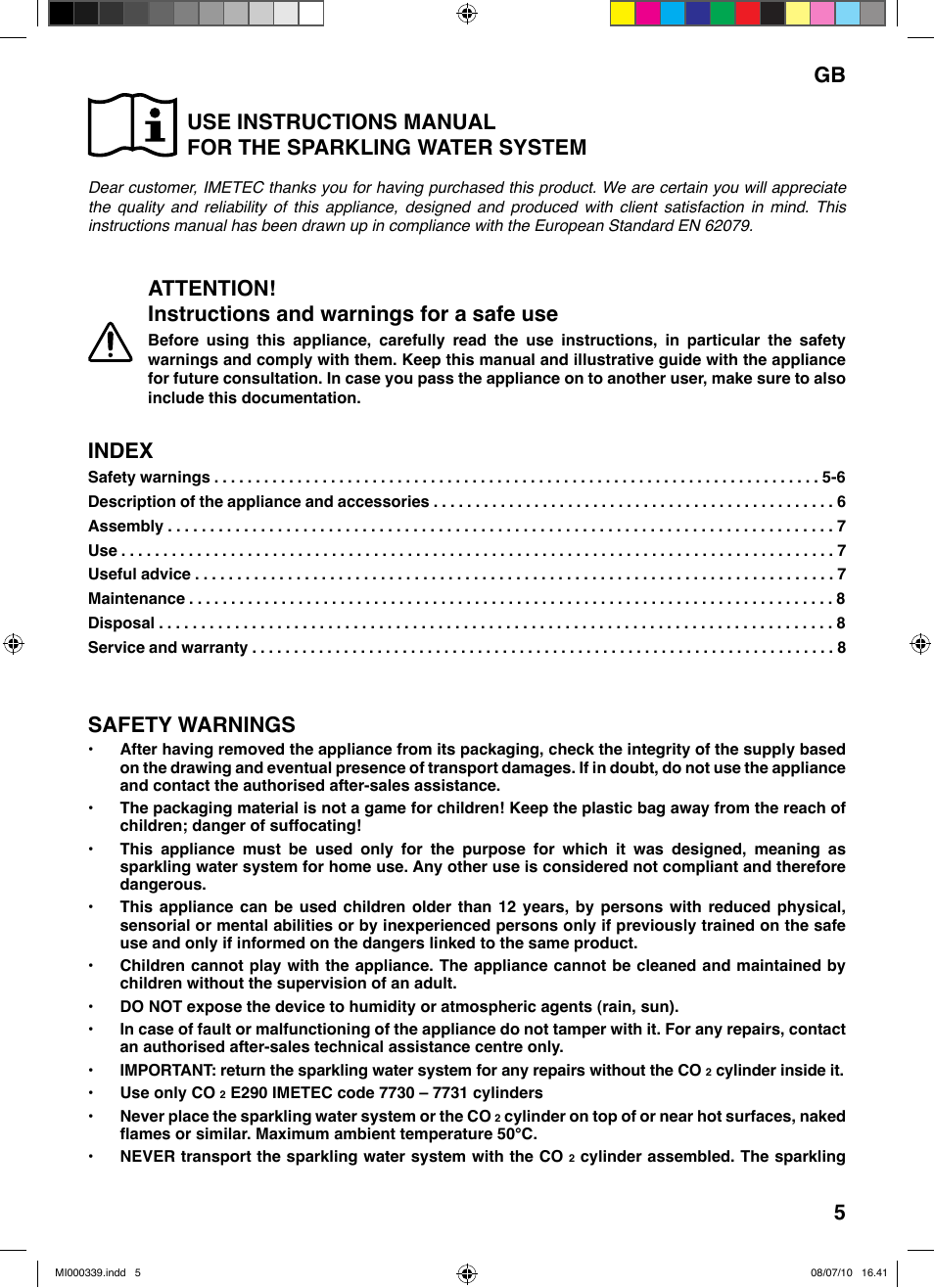 Index, Safety warnings, Gb 5 | Imetec ACQUA BLS 100 User Manual | Page 11 / 26