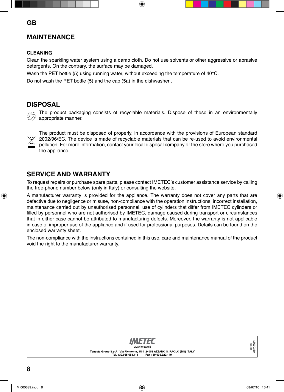 Gb 8 maintenance, Disposal, Service and warranty | Imetec ACQUA BLS 100 User Manual | Page 14 / 26