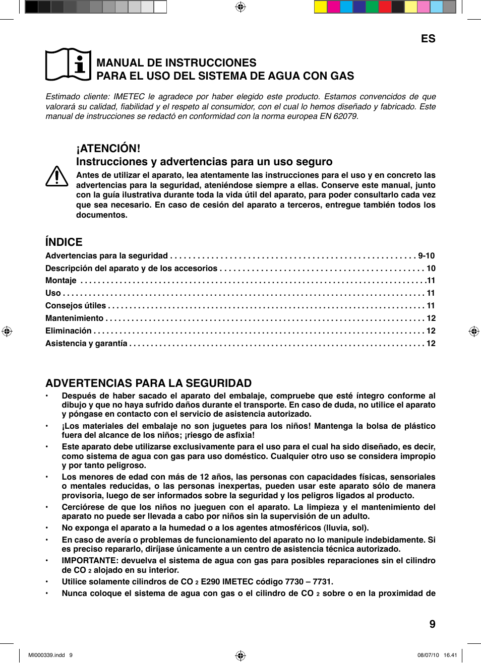 Índice, Advertencias para la seguridad, Es 9 | Imetec ACQUA BLS 100 User Manual | Page 15 / 26