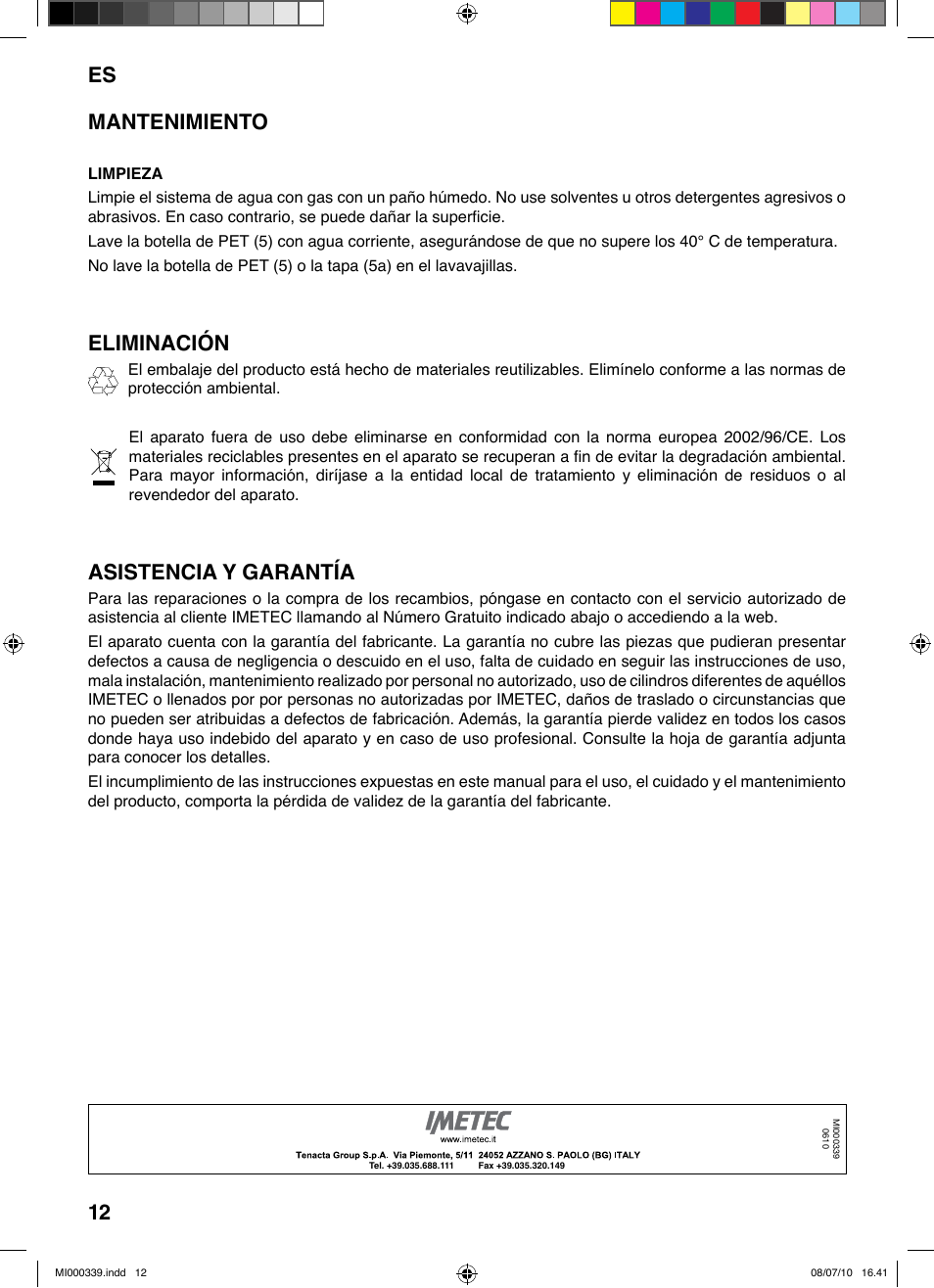 Es 12 mantenimiento, Eliminación, Asistencia y garantía | Imetec ACQUA BLS 100 User Manual | Page 18 / 26