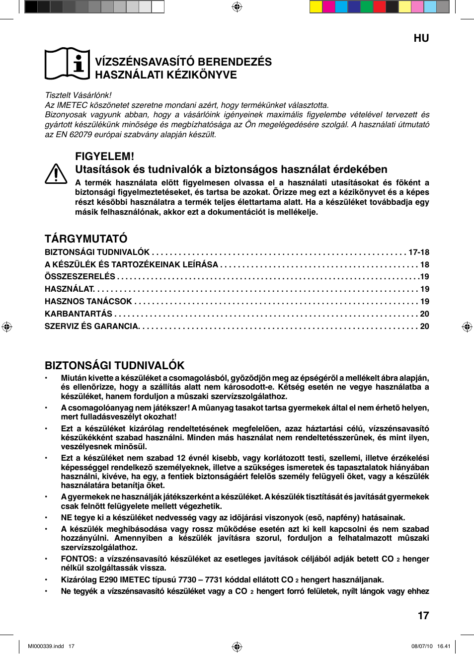 Vízszénsavasító berendezés használati kézikönyve, Tárgymutató, Biztonsági tudnivalók | Hu 17 | Imetec ACQUA BLS 100 User Manual | Page 23 / 26