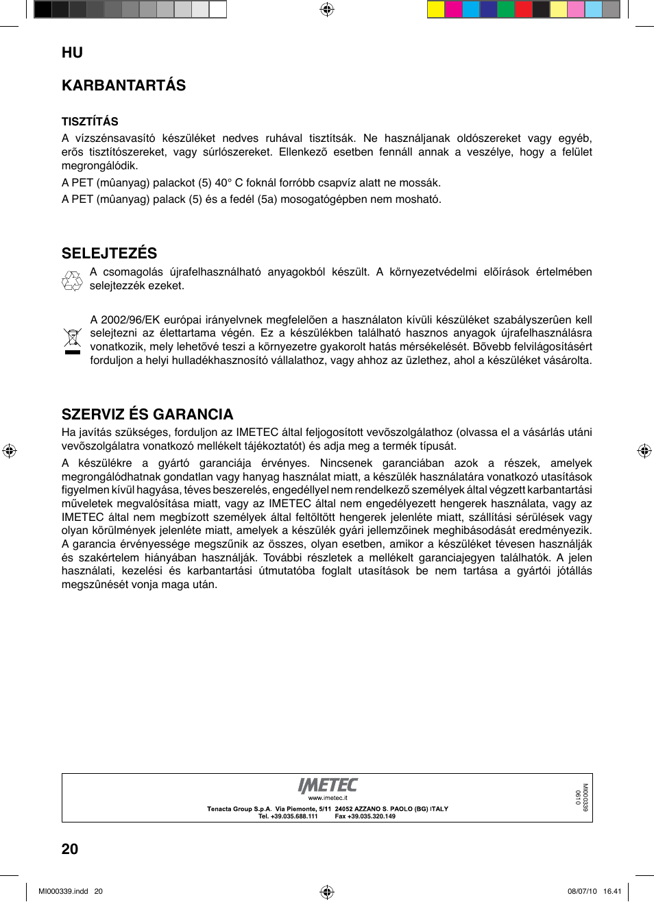Hu 20 karbantartás, Selejtezés, Szerviz és garancia | Imetec ACQUA BLS 100 User Manual | Page 26 / 26