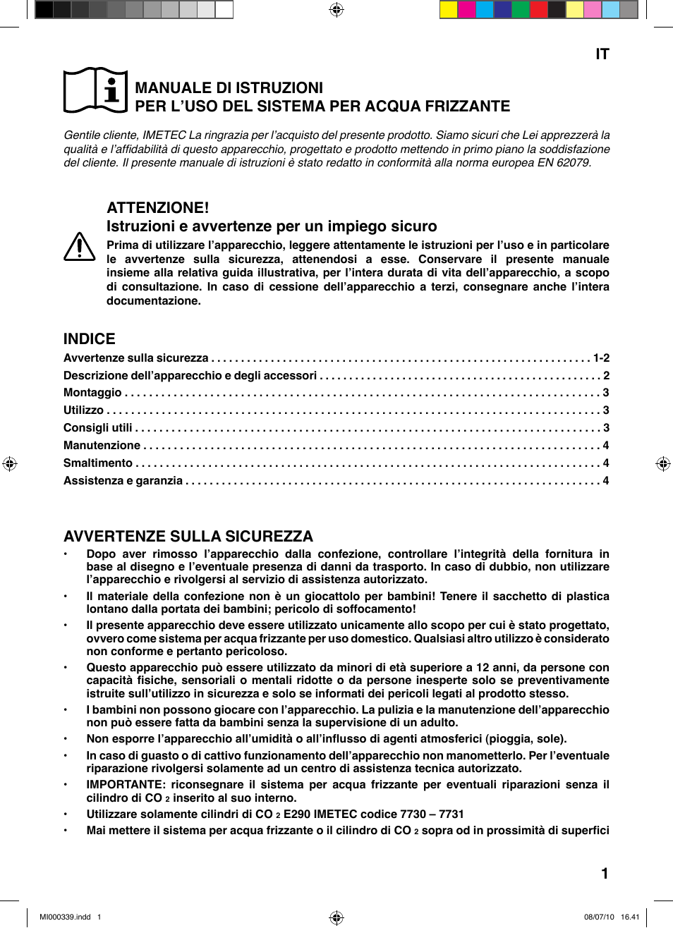 Indice, Avvertenze sulla sicurezza, It 1 | Imetec ACQUA BLS 100 User Manual | Page 7 / 26