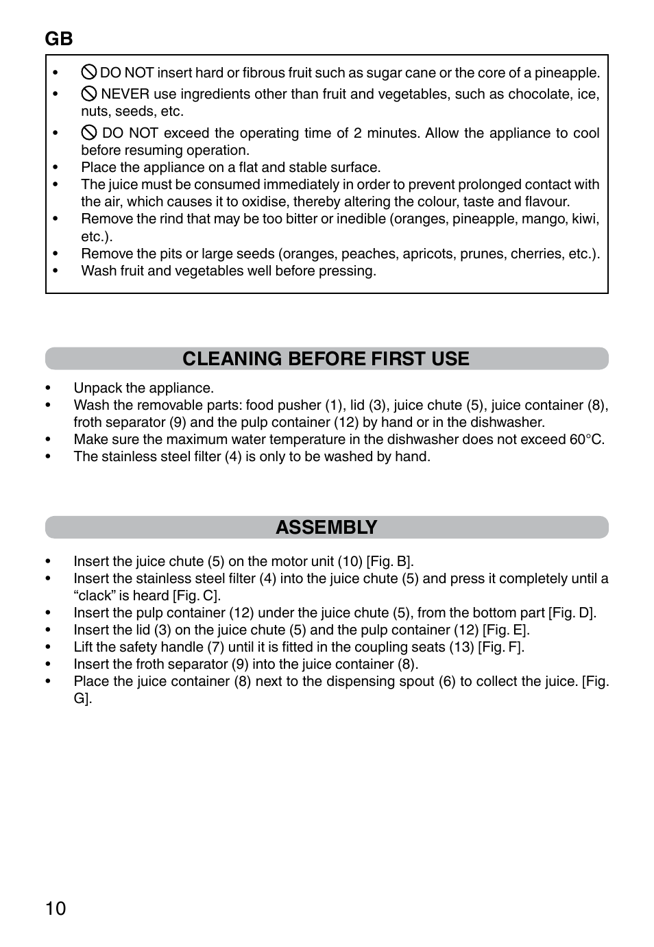 Cleaning before first use, Assembly, Gb 10 | Imetec WELLNESS JE User Manual | Page 12 / 44