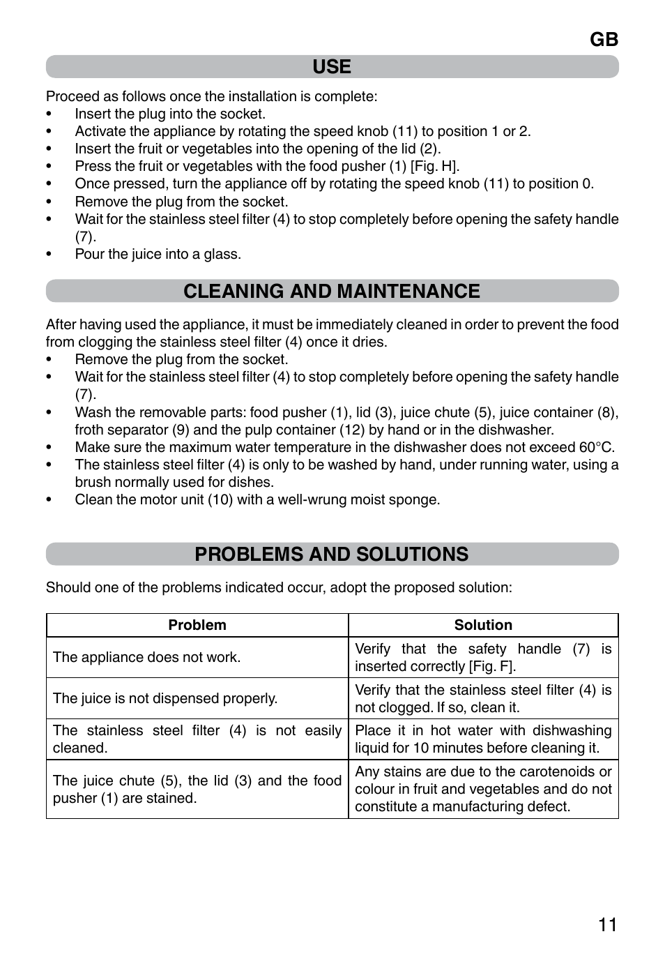 Cleaning and maintenance, Problems and solutions, Gb 11 | Imetec WELLNESS JE User Manual | Page 13 / 44