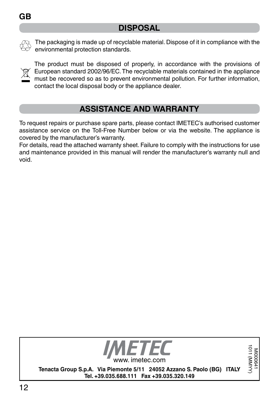 Disposal, Assistance and warranty, Gb 12 | Imetec WELLNESS JE User Manual | Page 14 / 44