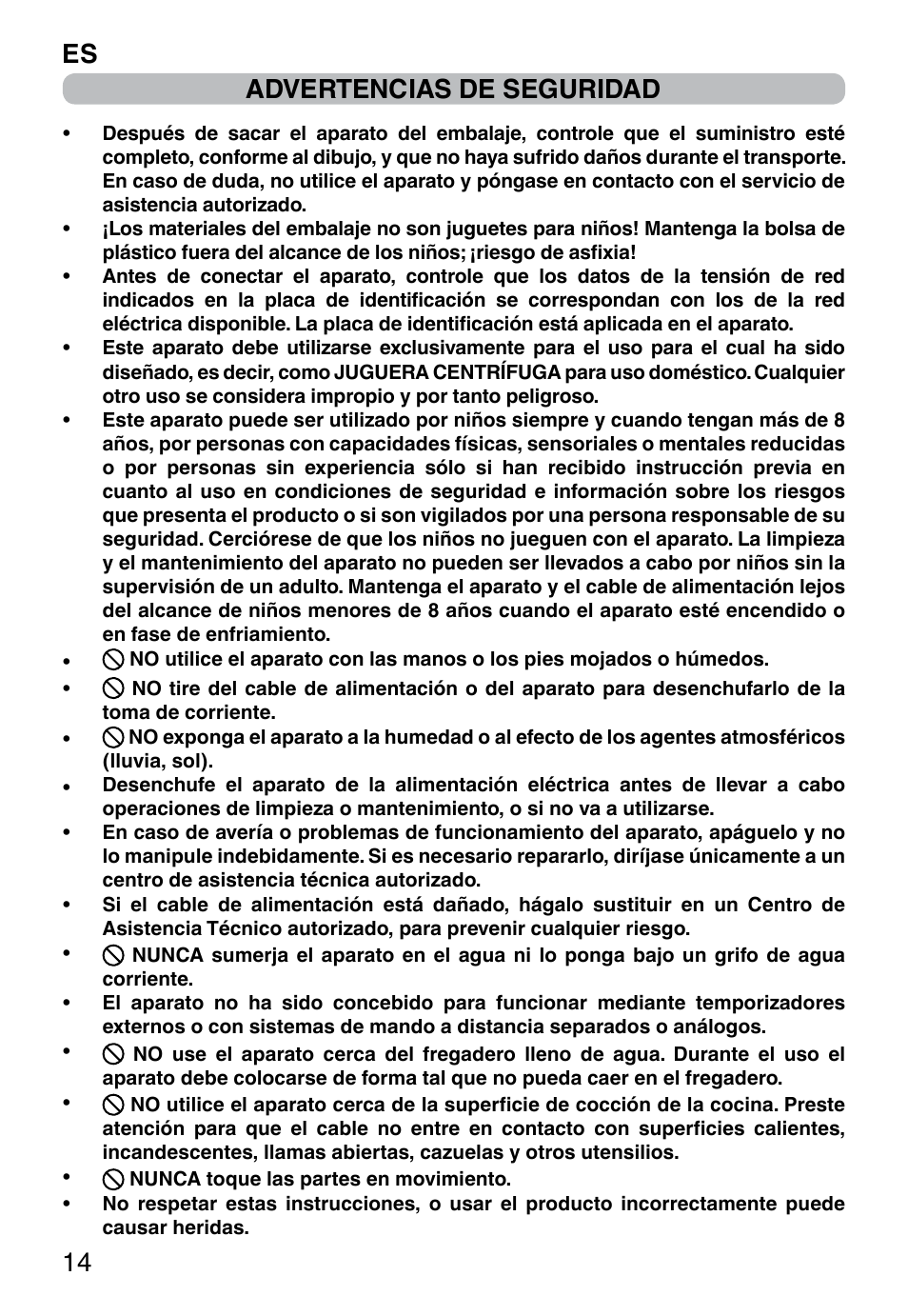 Advertencias de seguridad, Es 14 | Imetec WELLNESS JE User Manual | Page 16 / 44