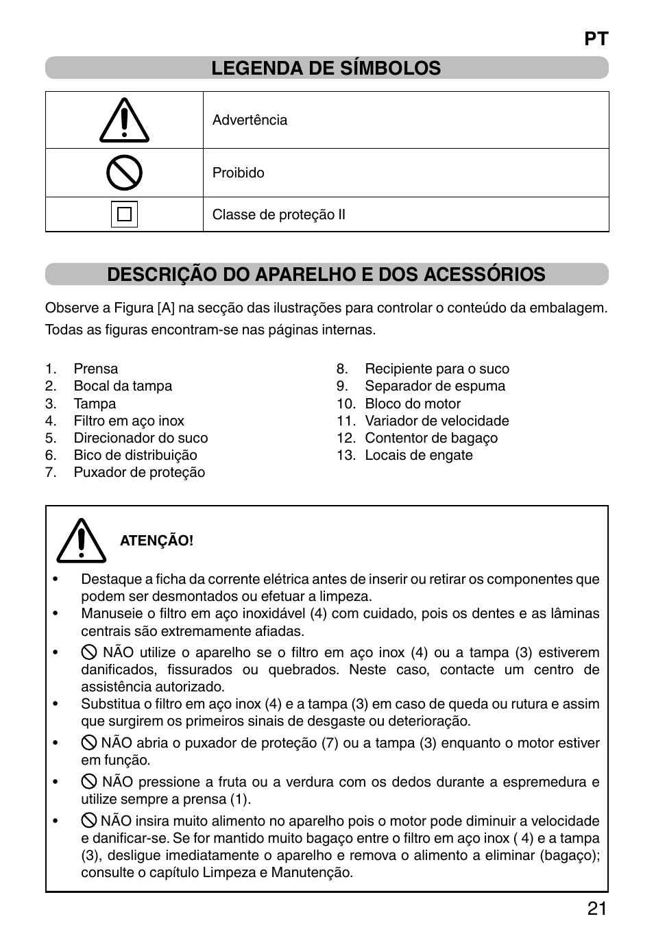 Legenda de símbolos, Descrição do aparelho e dos acessórios, Pt 21 | Imetec WELLNESS JE User Manual | Page 23 / 44