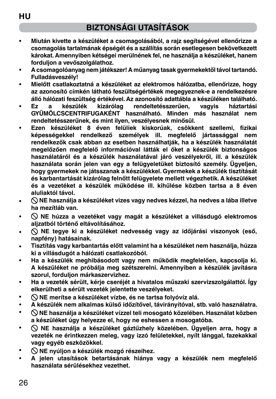 Biztonsági utasítások, Hu 26 | Imetec WELLNESS JE User Manual | Page 28 / 44