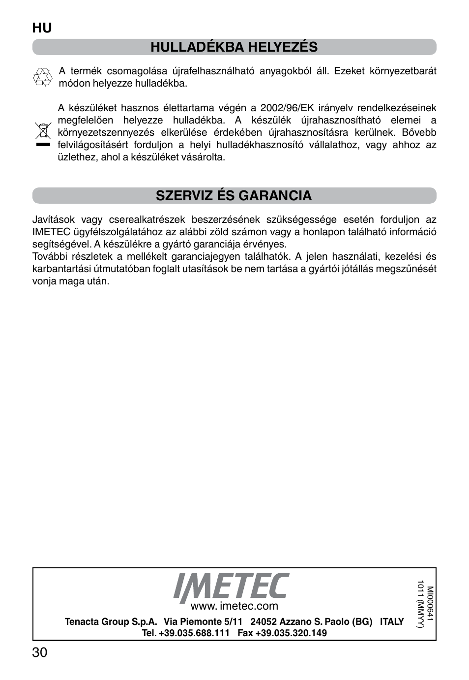 Hulladékba helyezés, Szerviz és garancia, Hu 30 | Imetec WELLNESS JE User Manual | Page 32 / 44