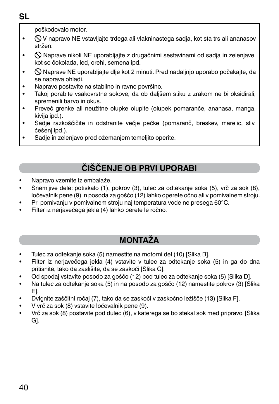 Čiščenje ob prvi uporabi, Montaža, Sl 40 | Imetec WELLNESS JE User Manual | Page 42 / 44