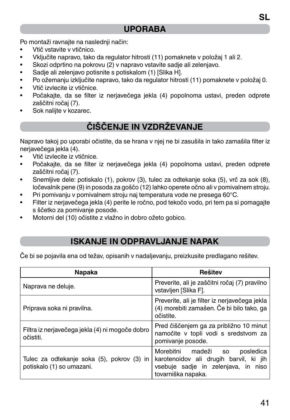 Uporaba, Čiščenje in vzdrževanje, Iskanje in odpravljanje napak | Sl 41 | Imetec WELLNESS JE User Manual | Page 43 / 44