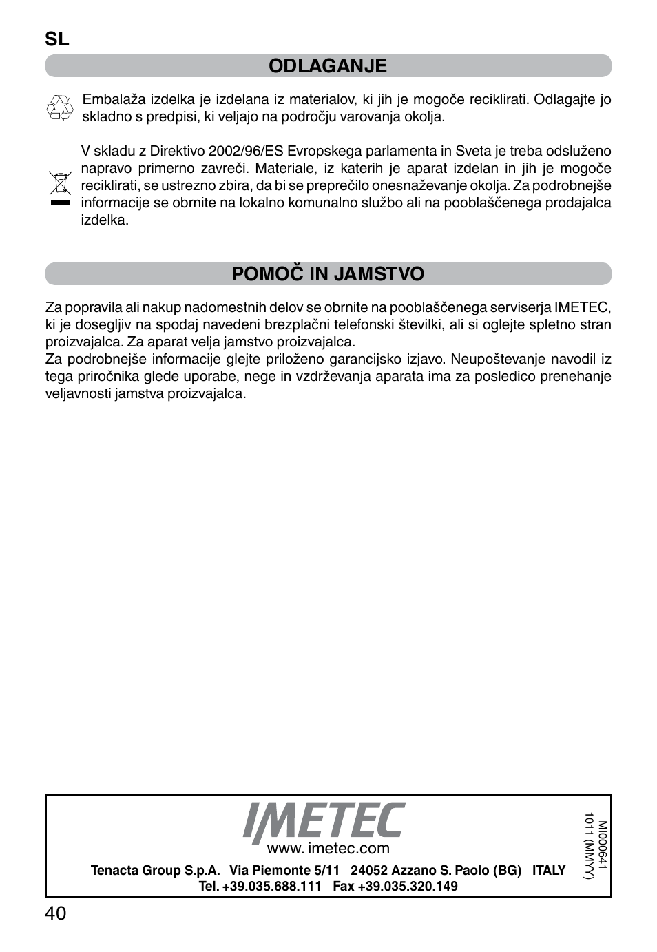 Odlaganje, Pomoč in jamstvo, Sl 40 | Imetec WELLNESS JE User Manual | Page 44 / 44