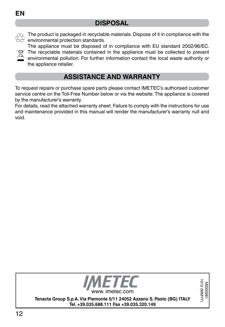 En 12, Disposal, Assistance and warranty | Imetec PROFESSIONAL SERIE CH 2000 User Manual | Page 14 / 50