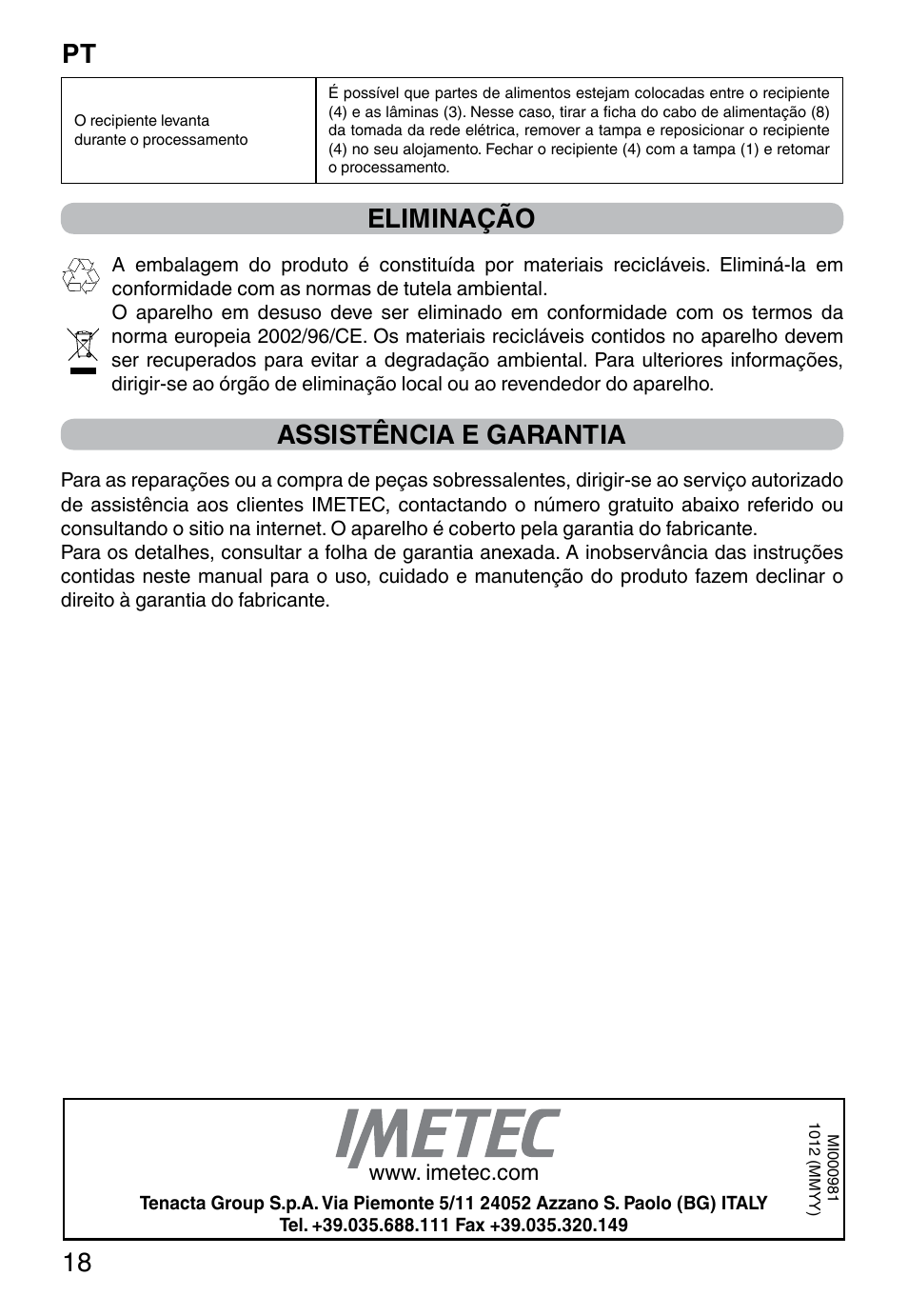 Pt 18, Eliminação, Assistência e garantia | Imetec PROFESSIONAL SERIE CH 2000 User Manual | Page 20 / 50