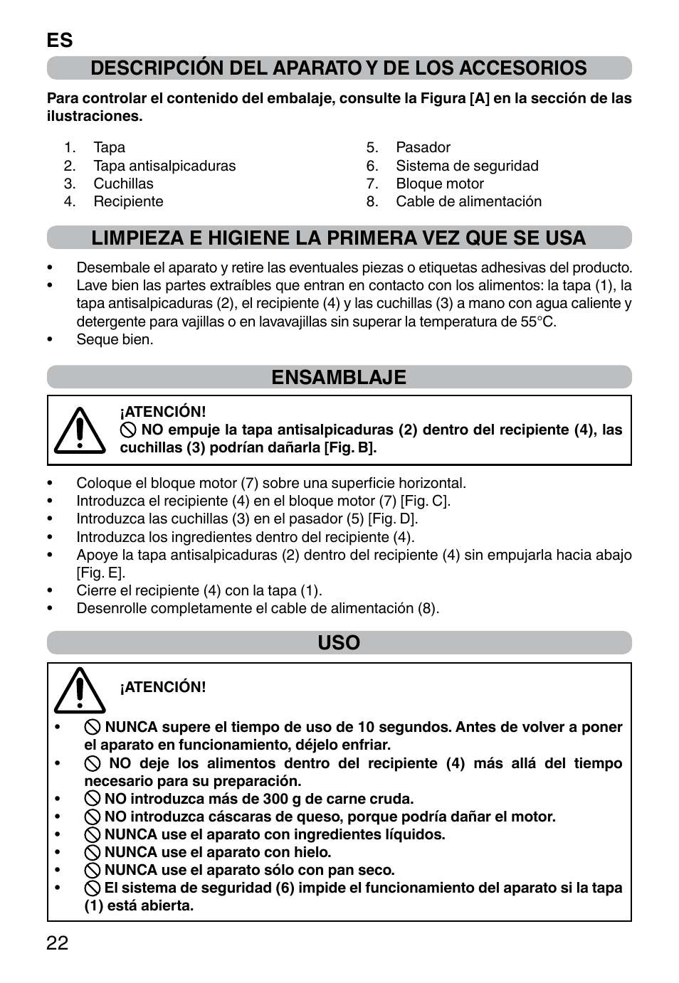 Es 22 descripción del aparato y de los accesorios, Limpieza e higiene la primera vez que se usa, Ensamblaje | Imetec PROFESSIONAL SERIE CH 2000 User Manual | Page 24 / 50