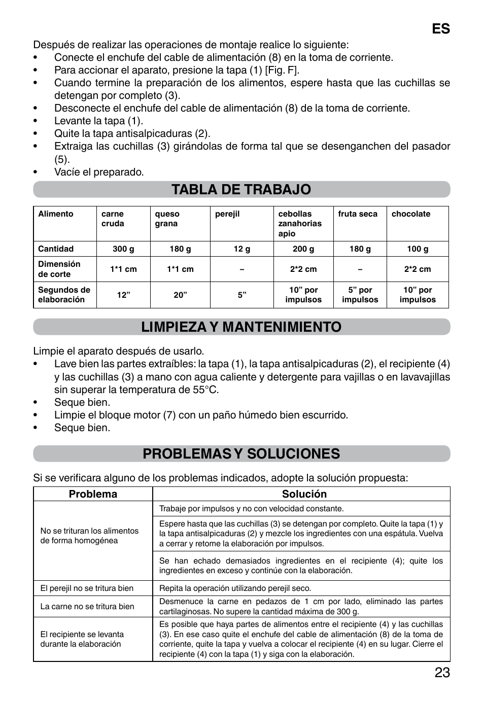 Es 23, Tabla de trabajo, Limpieza y mantenimiento | Problemas y soluciones | Imetec PROFESSIONAL SERIE CH 2000 User Manual | Page 25 / 50