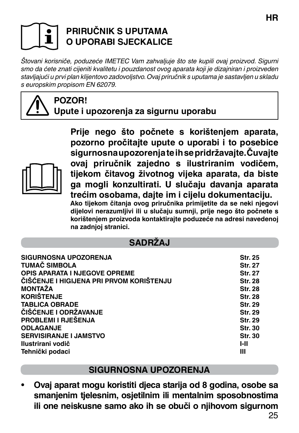 Hr 25 priručnik s uputama o uporabi sjeckalice, Sadržaj | Imetec PROFESSIONAL SERIE CH 2000 User Manual | Page 27 / 50