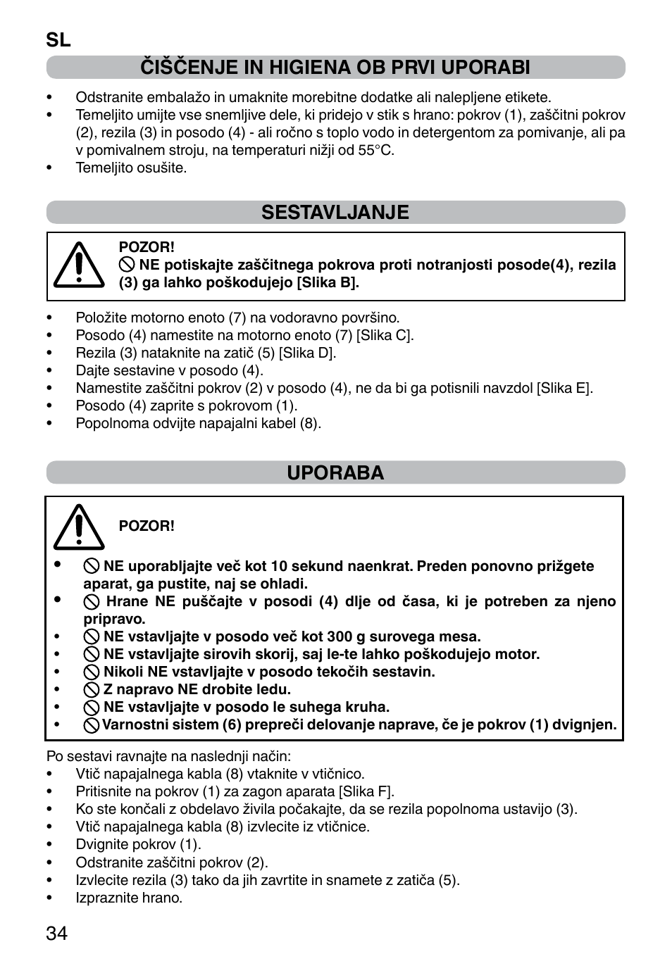 Sl 34 čiščenje in higiena ob prvi uporabi, Sestavljanje, Uporaba | Imetec PROFESSIONAL SERIE CH 2000 User Manual | Page 36 / 50