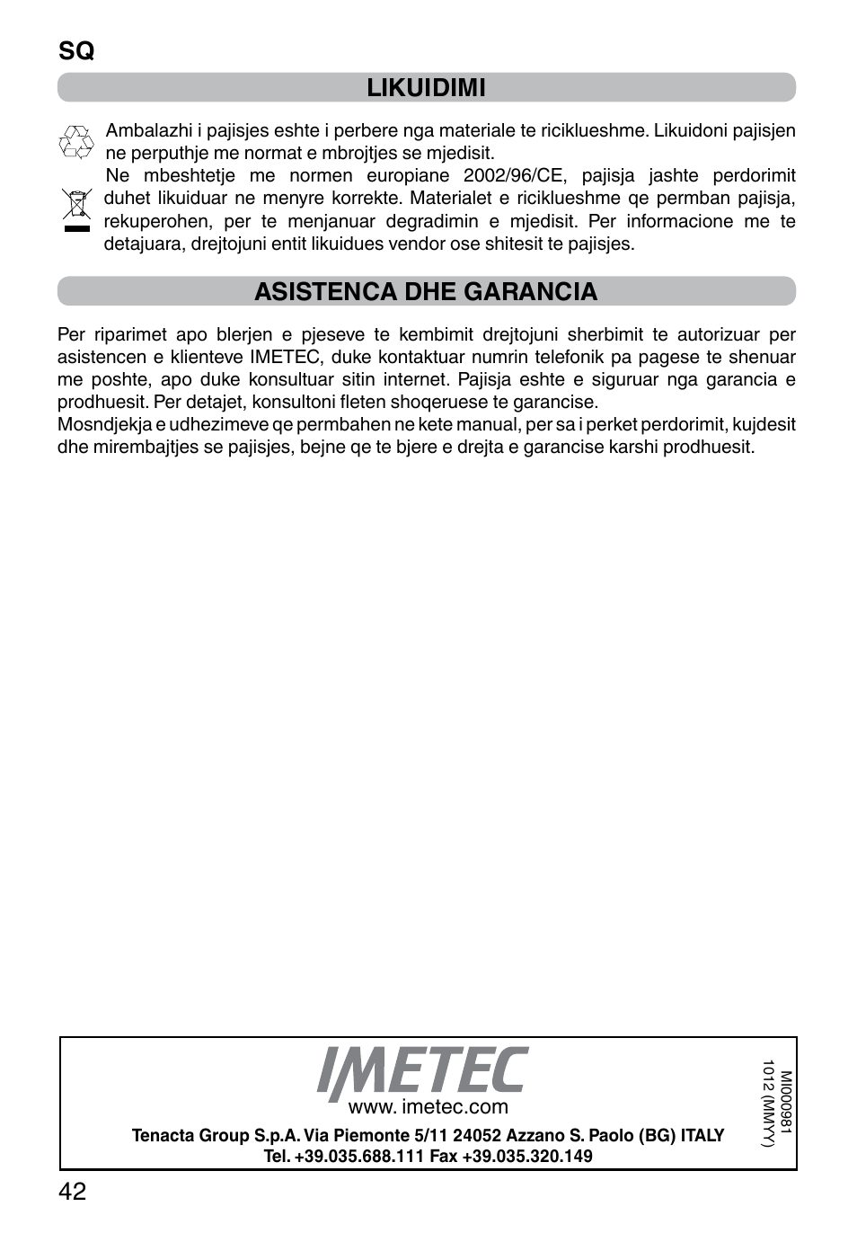 Sq 42, Likuidimi, Asistenca dhe garancia | Imetec PROFESSIONAL SERIE CH 2000 User Manual | Page 44 / 50