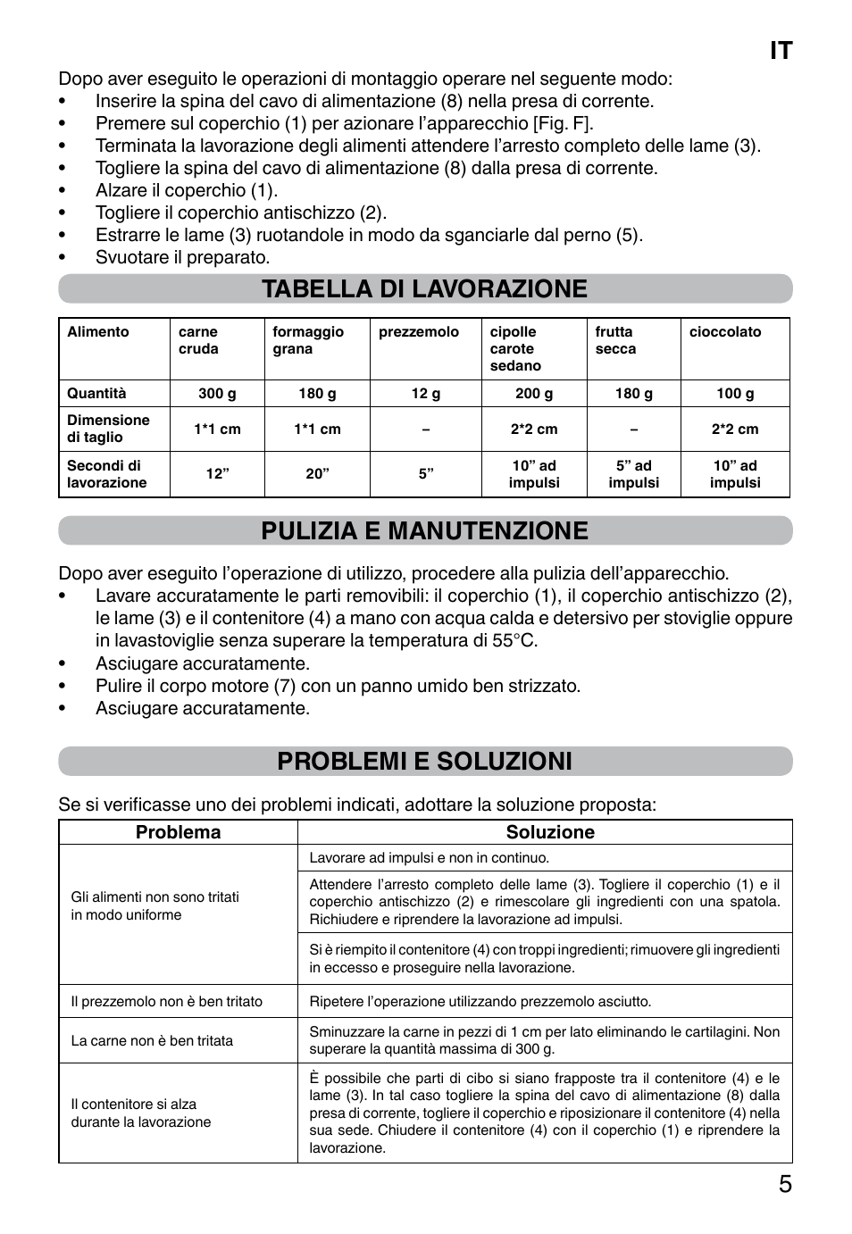 It 5, Tabella di lavorazione, Pulizia e manutenzione | Problemi e soluzioni | Imetec PROFESSIONAL SERIE CH 2000 User Manual | Page 7 / 50