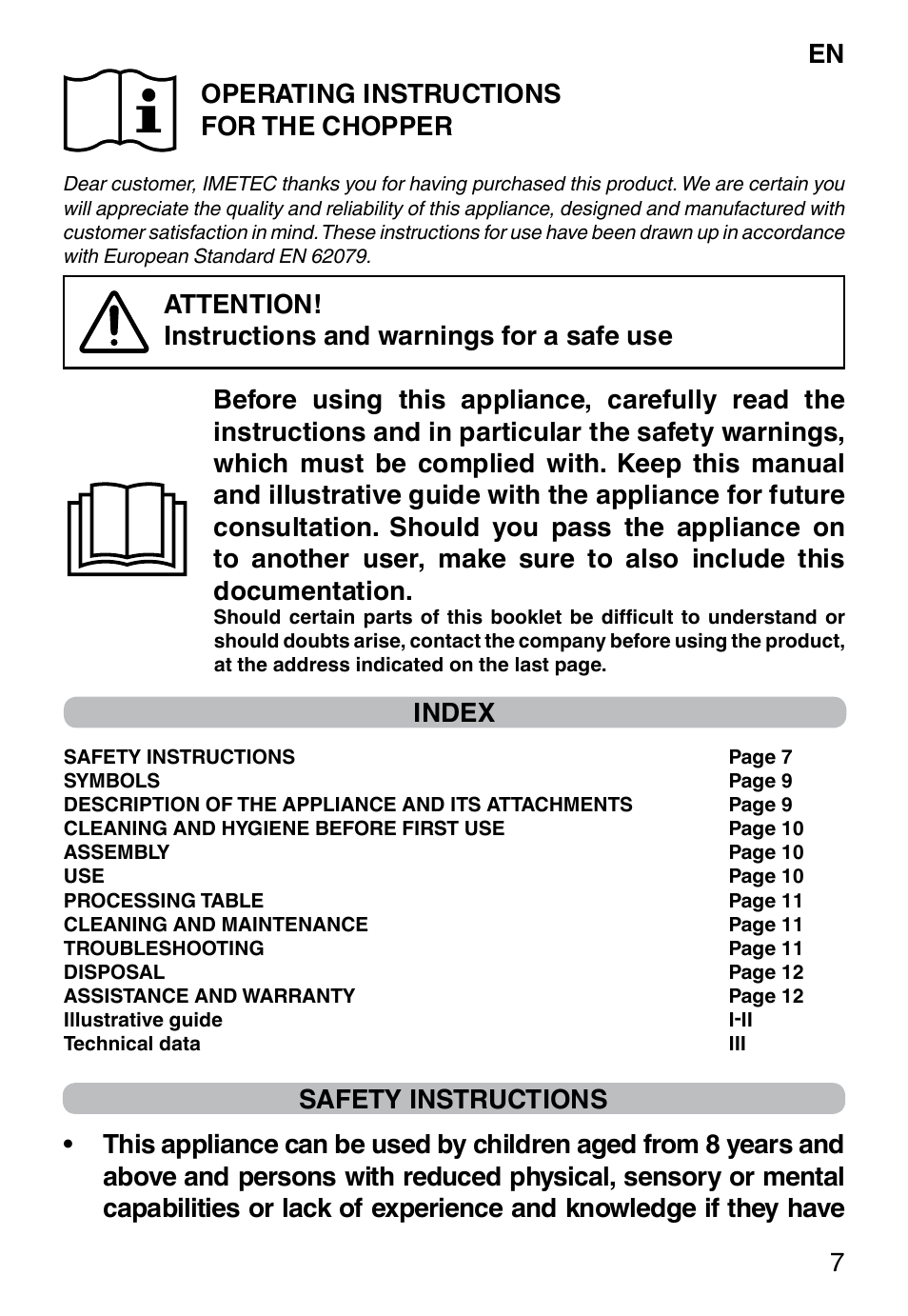 En 7 operating instructions for the chopper, Index | Imetec PROFESSIONAL SERIE CH 2000 User Manual | Page 9 / 50