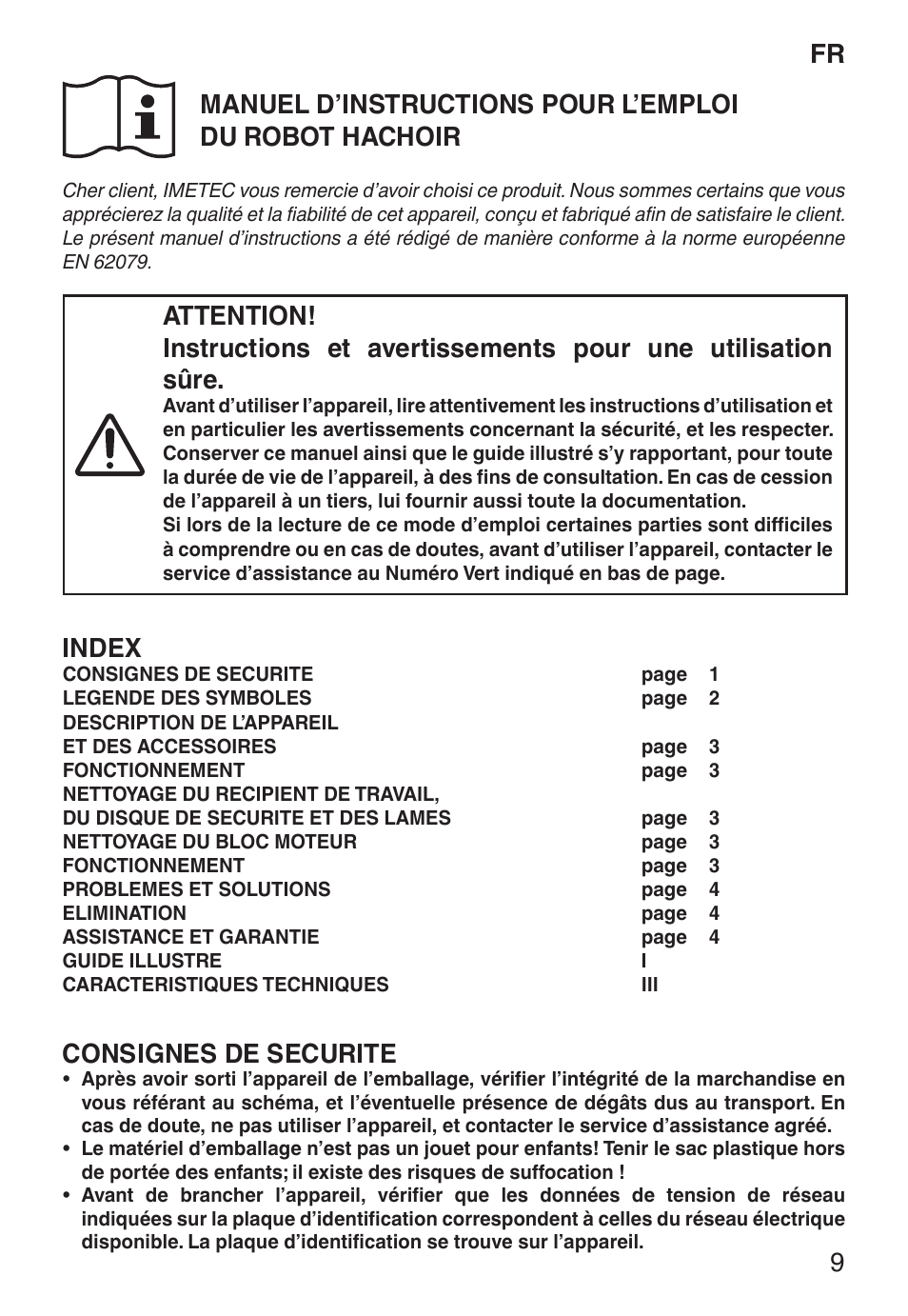 Index, Consignes de securite | Imetec ECO CH User Manual | Page 14 / 30