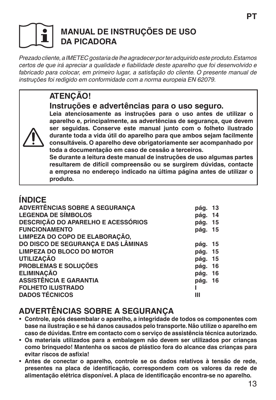 Pt manual de instruções de uso da picadora, Índice, Advertências sobre a segurança | Imetec ECO CH User Manual | Page 18 / 30
